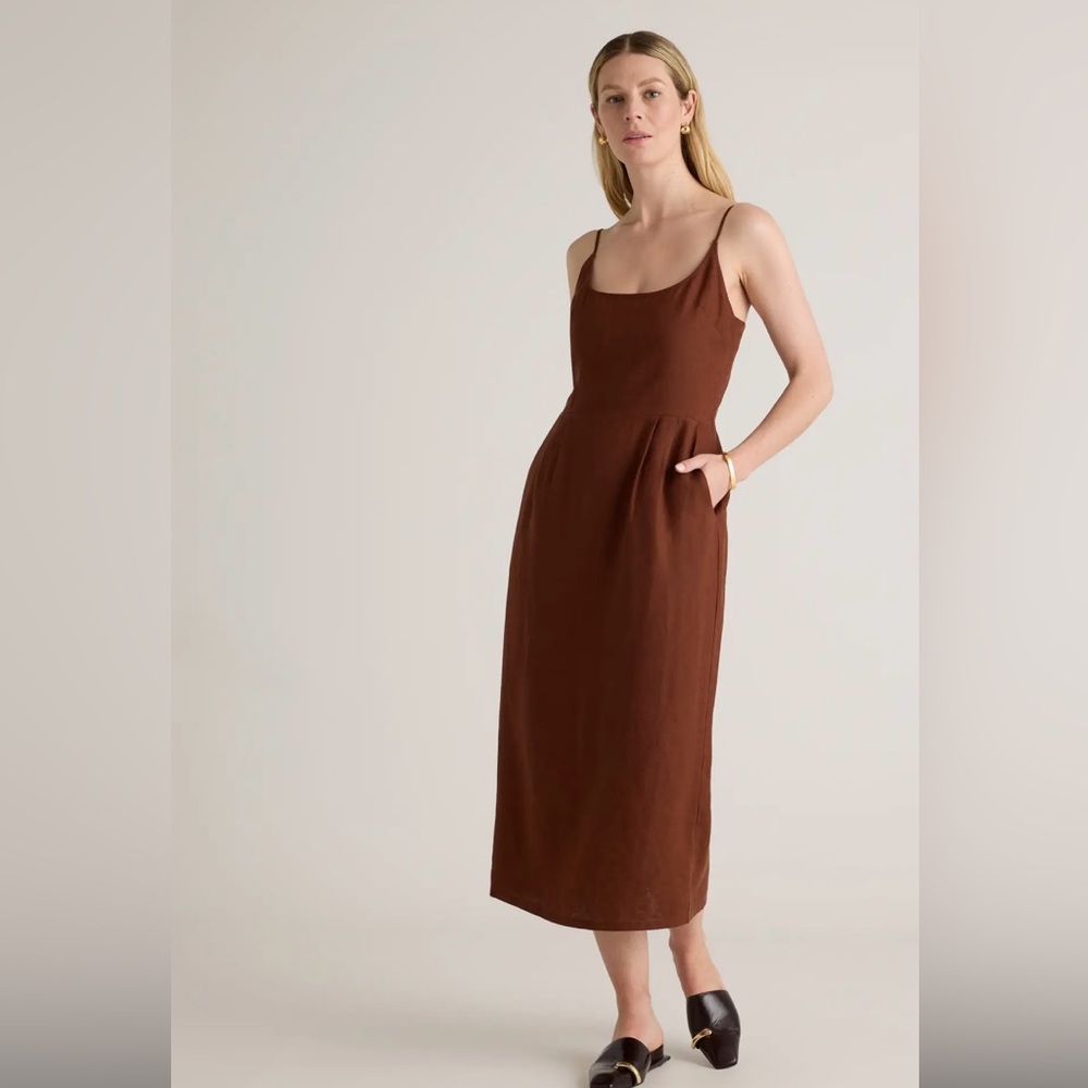 Quince 100% European Linen Scoop Neck Chocolate Brown Midi Dress
